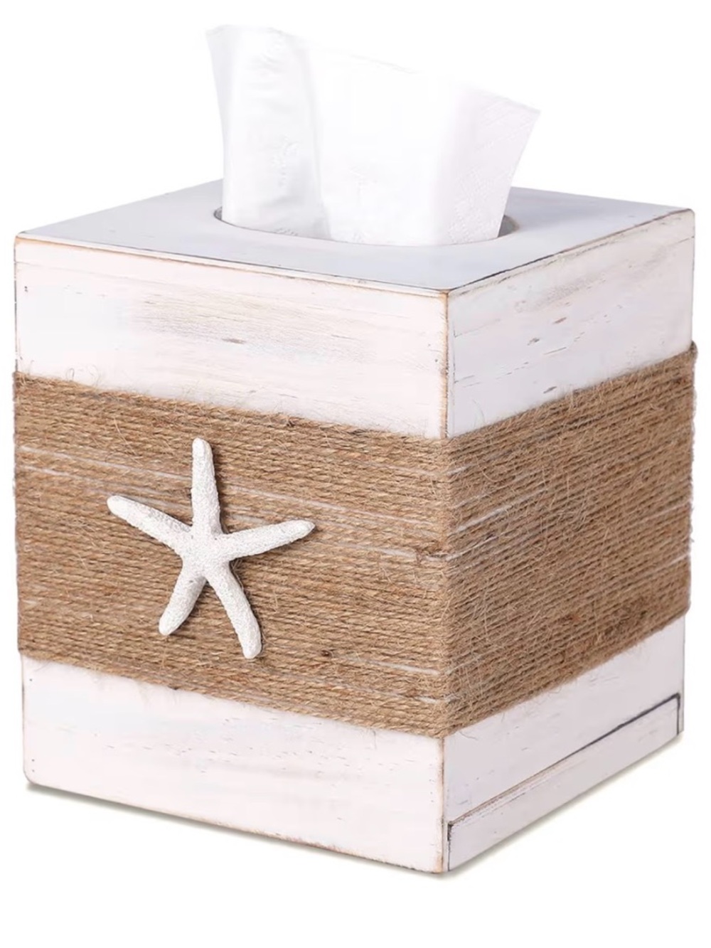 Coastal Starfish Tissue Box Cover - White and Natural